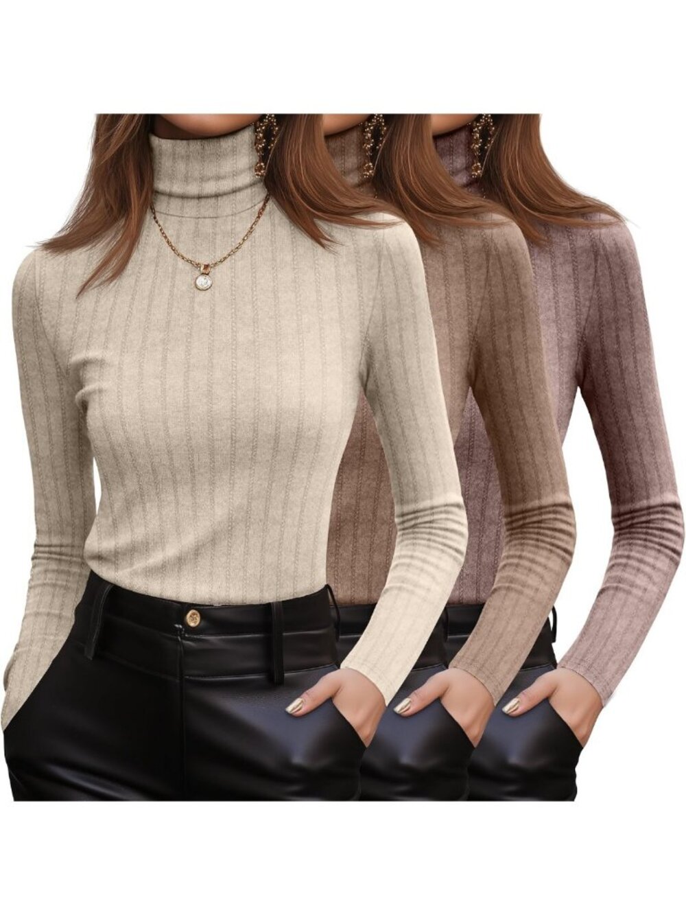 3 Pack Women's Ribbed Knit Turtleneck Long Sleeve Tops - Versatile & Stylish